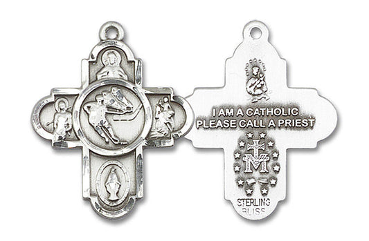 Large Ice Hockey 5-Way Medal - Sterling Silver 1 x 1 5/8 Pendant 5744SS