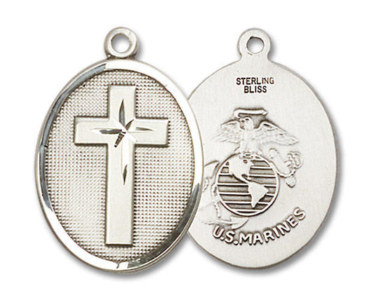 Large Marines Cross Medal - Sterling Silver 1 1/8 x 3/4 Oval Pendant 0783SS4