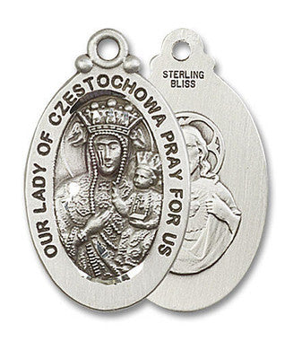 Large Our Lady of Czestochowa & Sacred Heart Medal - Sterling Silver 1 1/8" x 5/8" Oval Pendant (6095SS)