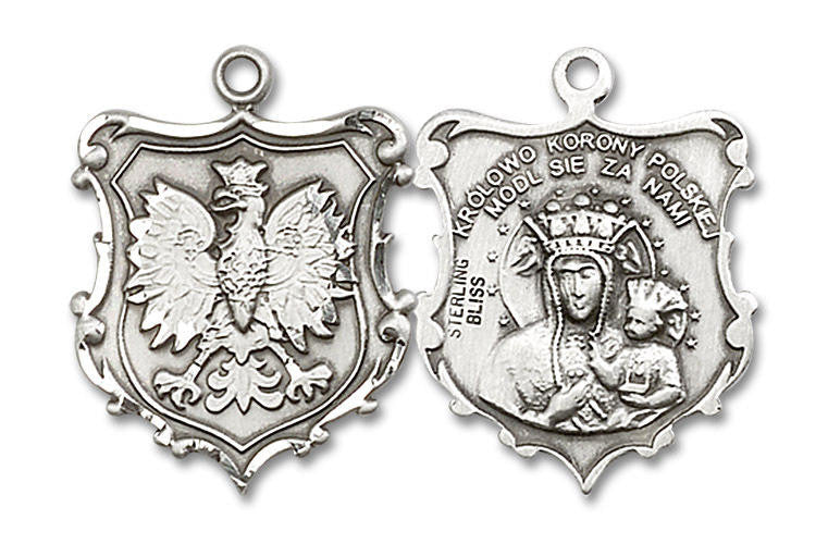 Large Our Lady of Czestochowa Falcon Medal - Sterling Silver 1 x 3/4 Oval Pendant 6094SS