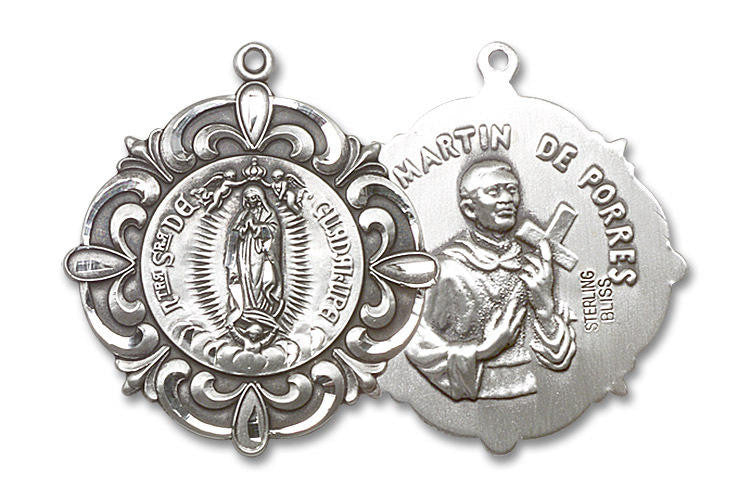 Large Our Lady of Guadalupe and Martin De Porres Medal - Sterling Silver 1 1/4 x 1 1/8 Round Pendant 1197SS