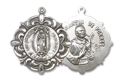 Large Our Lady of Guadalupe and Martin De Porres Medal - Sterling Silver 1 1/4 x 1 1/8 Round Pendant 1197SS