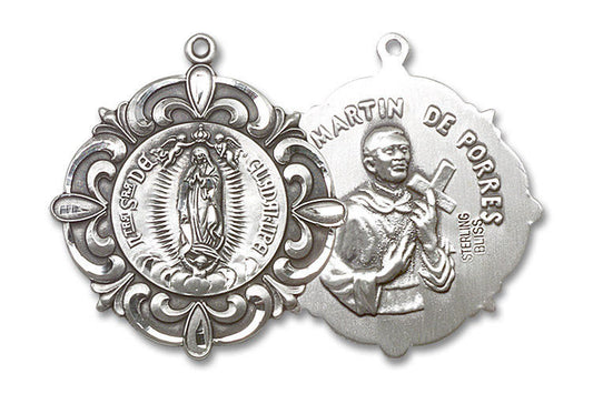 Large Our Lady of Guadalupe and Martin De Porres Medal - Sterling Silver 1 1/4 x 1 1/8 Round Pendant 1197SS