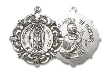 Large Our Lady of Guadalupe & Martin De Porres Medal - Sterling Silver 1 1/4" x 1 1/8" Round Pendant (1197SS)