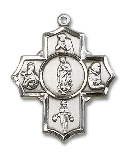 Large Our Lady of Guadalupe Multi-Saint 5-Way Medal - Sterling Silver 1 1/4 x 1 Pendant 5705SS
