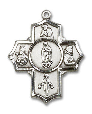 Large Our Lady of Guadalupe Multi-Saint 5-Way Medal - Sterling Silver 1 1/4" x 1" Pendant (5705SS)