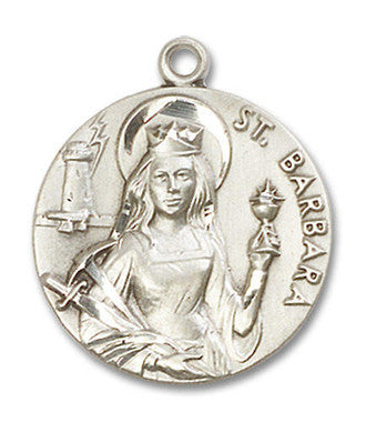 Large St. Barbara Medal - Sterling Silver 1" x 7/8" Round Pendant (0834SS)
