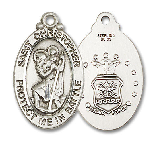 Large St Christopher Air Force Medal - Sterling Silver 1 1/8 x 5/8 Oval Pendant 1175SS1
