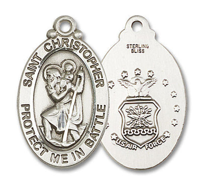 Large St Christopher Air Force Medal - Sterling Silver 1 1/8 x 5/8 Oval Pendant 1175SS1