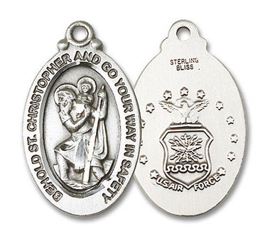 Large St. Christopher Air Force Medal - Sterling Silver 1 1/8" x 5/8" Oval Pendant (4145SS1)