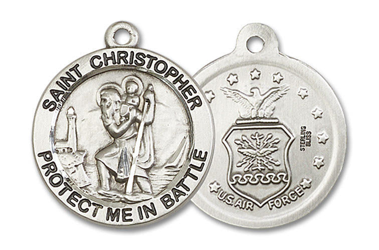 Large St Christopher Air Force Medal - Sterling Silver 1 x 7/8 Round Pendant 1174SS1