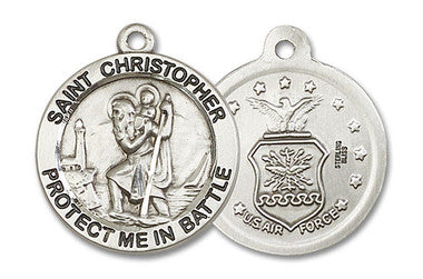 Large St. Christopher Air Force Medal - Sterling Silver 1" x 7/8" Round Pendant (1174SS1)