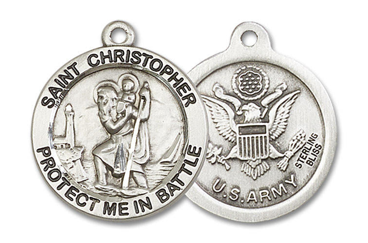 Large St Christopher Army Medal - Sterling Silver 1 x 7/8 Round Pendant 1174SS2