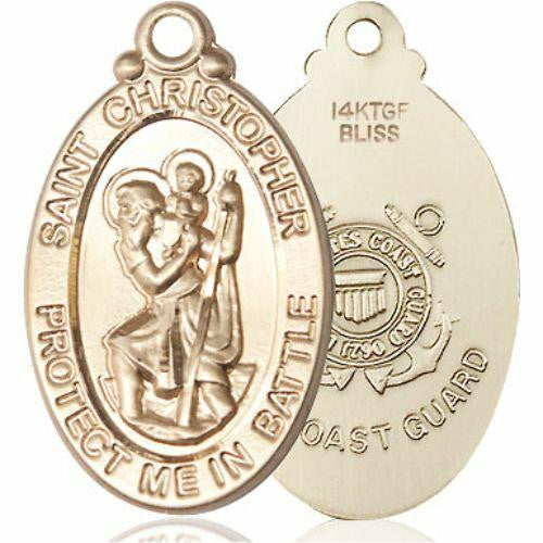 Large St Christopher Coast Guard Medal - 14kt Gold 1 1/8 x 5/8 Oval Pendant 1175
