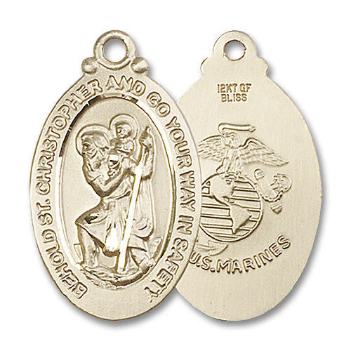 Large St Christopher Marines Medal - 14kt Gold 1 1/8 x 5/8 Oval Pendant 4145
