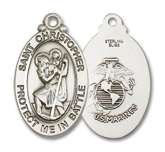 Large St Christopher Marines Medal - Sterling Silver 1 1/8 x 5/8 Oval Pendant 1175SS4