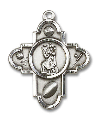 Large St Christopher Multi-Sport 5-Way Medal - Sterling Silver 1 1/4 x 1 Pendant 5707SS