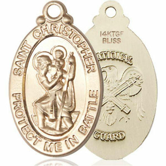 Large St Christopher National Guard Medal - 14kt Gold 1 1/8 x 5/8 Oval Pendant 1175