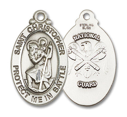 Large St Christopher National Guard Medal - Sterling Silver 1 1/8 x 5/8 Oval Pendant 1175SS5