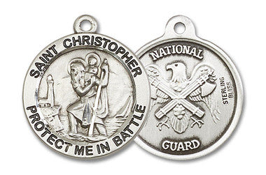 Large St. Christopher National Guard Medal - Sterling Silver 1" x 7/8" Round Pendant (1174SS5)