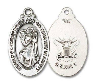 Large St. Christopher Navy Medal - Sterling Silver 1 1/8" x 5/8" Oval Pendant (4145SS6)