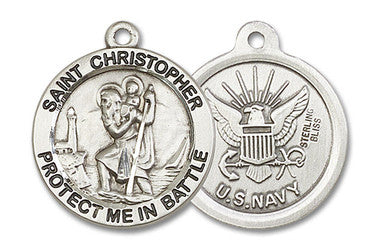 Large St. Christopher Navy Medal - Sterling Silver 1" x 7/8" Round Pendant (1174SS6)