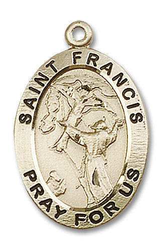 Large St Francis Medal - 14kt Gold 1 x 5/8 Oval Pendant 4029