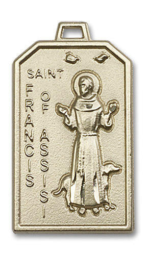Large St Francis of Assisi Medal - 14kt Gold 1 1/8 x 5/8 Rectangular Pendant 5724