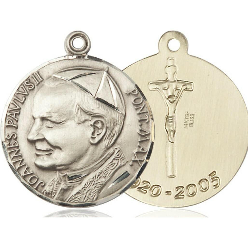 Bliss Manufacturing Inc Large St John Paul II Medal with Papal Crucifix - 14kt Gold 1 1/4 x 1 1/8 Round Pendant 3003