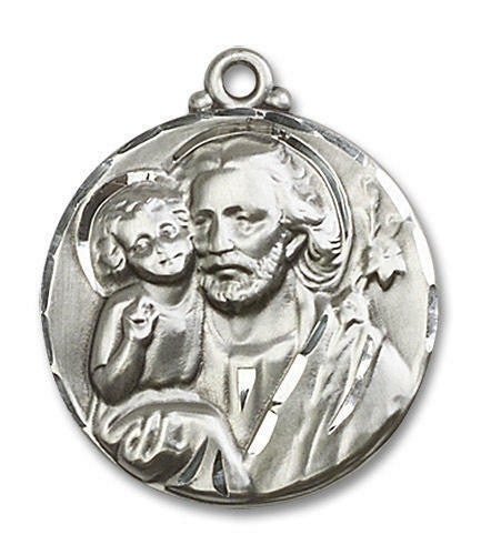 Large St Joseph Medal - Sterling Silver 1 1/8 x 7/8 Round Pendant 4141SS