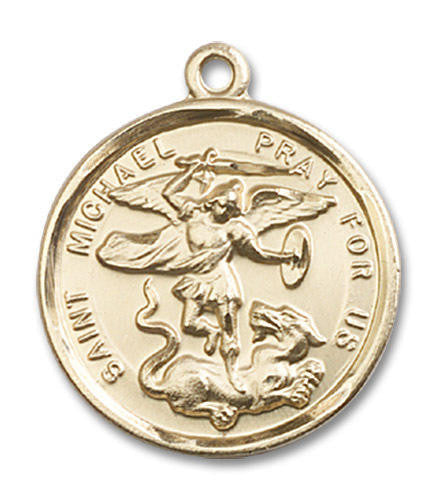 Large St Michael and Guardian Angel Medal - 14kt Gold 1 x 7/8 Round Pendant 0342