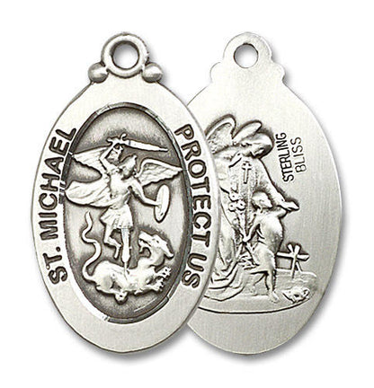 Large St Michael and Guardian Angel Medal - Sterling Silver 1 1/8 x 5/8 Oval Pendant 4145RSS