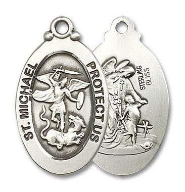 Large St. Michael & Guardian Angel Medal - Sterling Silver 1 1/8" x 5/8" Oval Pendant (4145RSS)
