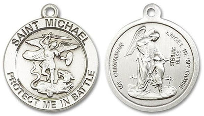 Large St Michael and Guardian Angel Medal - Sterling Silver 1 x 7/8 Round Pendant 1170SS