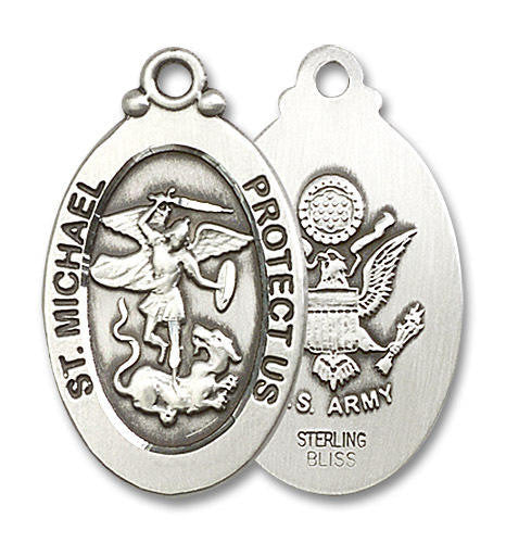 Large St Michael Army Medal - Sterling Silver 1 1/8 x 5/8 Oval Pendant 4145RSS2
