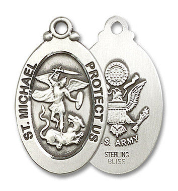 Large St. Michael Army Medal - Sterling Silver 1 1/8" x 5/8" Oval Pendant (4145RSS2)