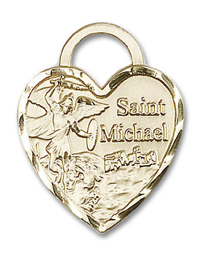 Large St Michael Heart Pendant - 14kt Gold 1 x 3/4 3303