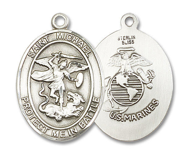 Large St Michael Marines Medal - Sterling Silver 1 x 5/8 Oval Pendant 1173SS4
