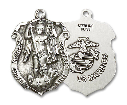 Large St Michael Marines Shield Medal - Sterling Silver 1 1/4 x 7/8 Pendant 5448SS4