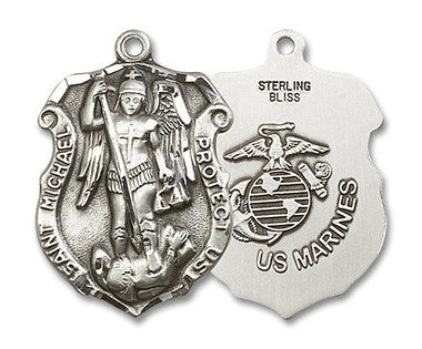 Large St. Michael Marines Shield Medal - Sterling Silver 1 1/4" x 7/8" Pendant (5448SS4)