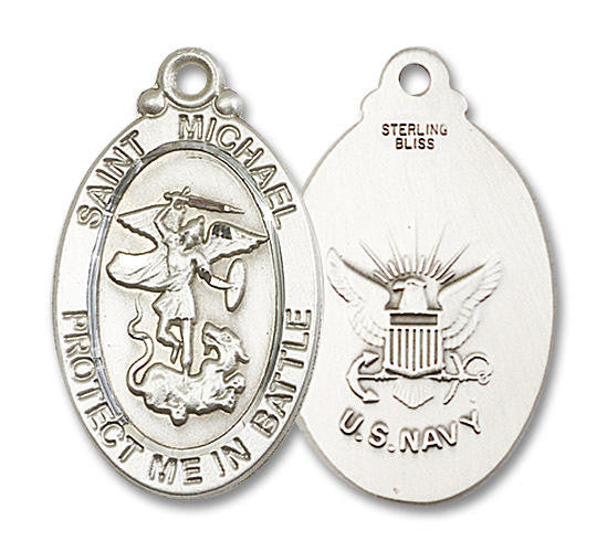 Large St Michael Navy Medal - Sterling Silver 1 1/4 x 1 1/4 Oval Pendant 1171SS6
