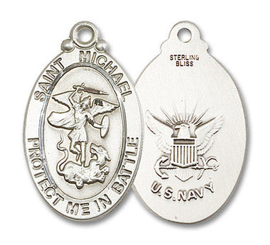 Large St. Michael Navy Medal - Sterling Silver 1 1/8" x 5/8" Oval Pendant (1171SS6)