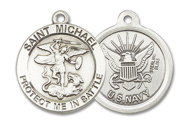 Large St. Michael Navy Medal - Sterling Silver 1" x 7/8" Round Pendant (1170SS6)