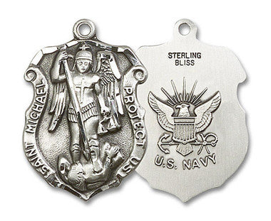 Large St. Michael Navy Shield Medal - Sterling Silver 1 1/4" x 3/4" Pendant (5448SS6)