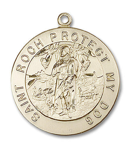 Large St Roch Protect My Dog Medal - 14kt Gold 1 1/8 x 1 Round Pendant 4270