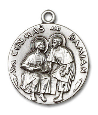 Large Sts. Cosmas & Damian Medal - Sterling Silver 1" x 7/8" Round Pendant (1368SS)