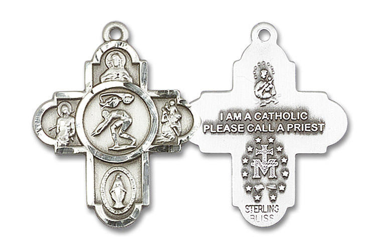Large Swimming 5-Way Medal - Sterling Silver 1 x 1 5/8 Pendant 5746SS