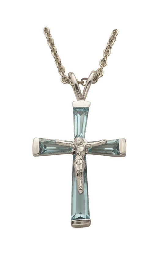 March Birthstone Crucifix Necklace - Sterling Silver Pendant on 18 Stainless Steel Chain SX9299SH