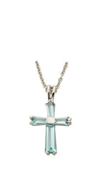 March Birthstone Cross Necklace - Sterling Silver Pendant on 18" Stainless Steel Chain (SX9403SH)