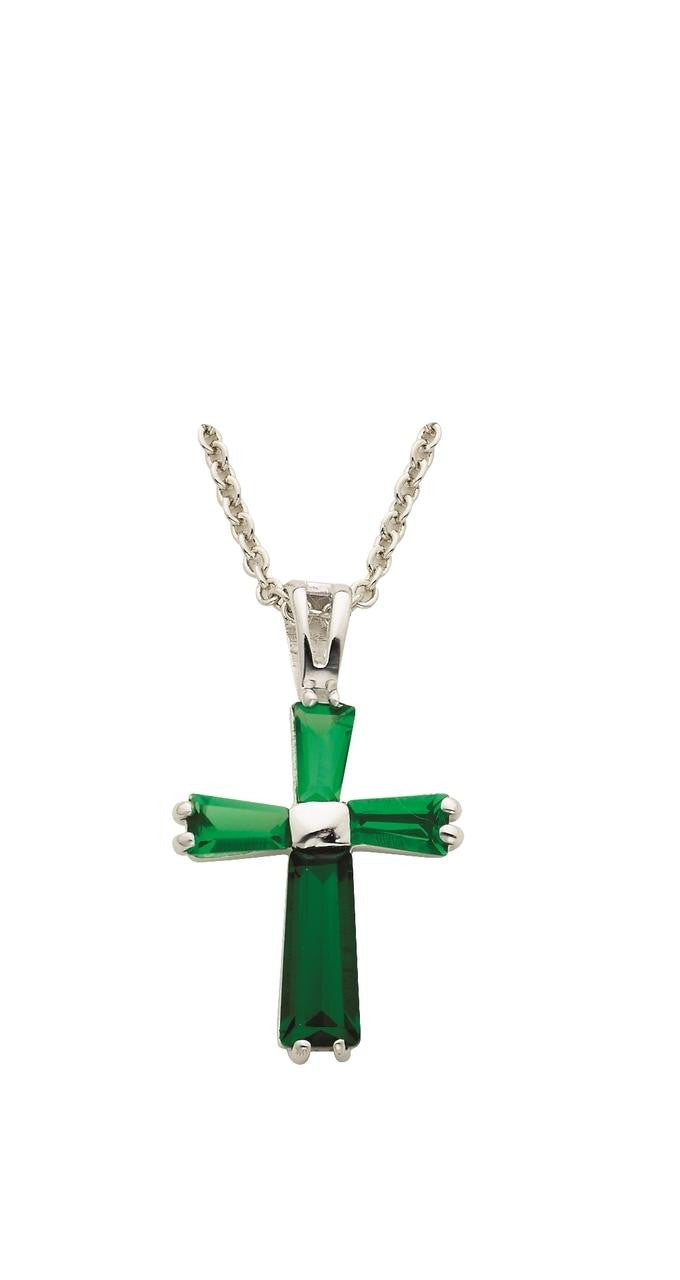 May Ladies Birthstone Cross Necklace - Sterling Silver Pendant on 18 Stainless Steel Chain SX9405SH